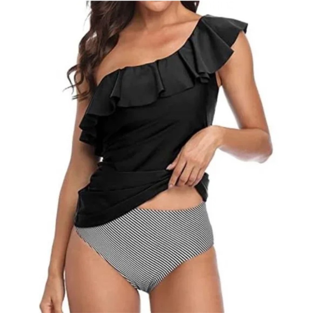High Waisted Bikini Swimsuit Set Tummy Control 2 Piece Ruffle Black White Size L